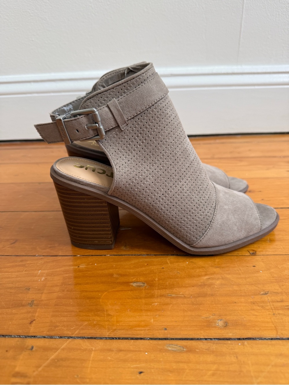 Women's Taupe Suede Peep-Toe Block Heel Sandals - New w/box